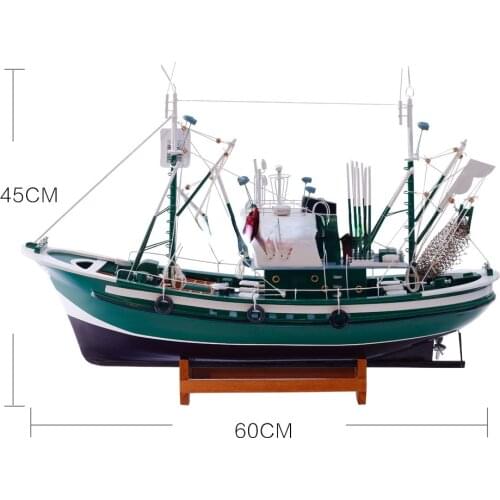 Fishing boat model, 60X18X45cm, wooden fish ship hand craft model, Green and brown color