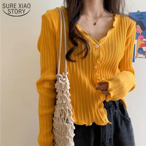 2021 Autumn Slim Long Sleeve V-neck Winter Clothes Women Korean Clothes Cotton Sweet Thin Womens Cardigans Blouse Women 10554