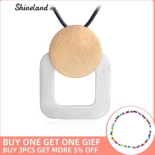 Shineland 2020 Punk Black PU Leather Handmade Wire Drawing Round Square Long Necklace Pendant for Women Unisex Statement Bijoux