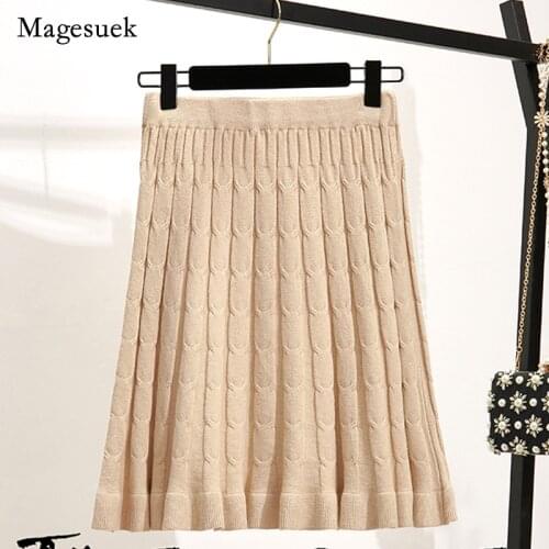 High Waist A-Line Pleated Skirt Elastic Waist Knitted Mini Skirts Women Autumn Fashon 2021 Korean Solid Casual Loose Skirt 10370