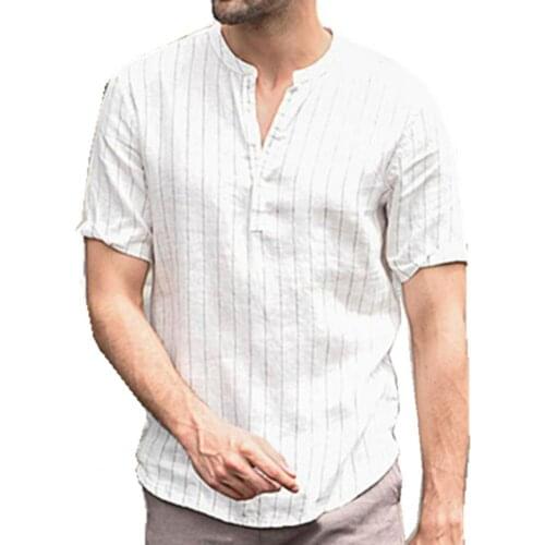 2021 New Linen Short Sleeve Mens Shirts Spring Summer Striped Slim Stand Collar Shirt Casual Loose Male Clothes Plus Size 5XL
