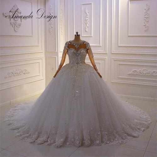 Amanda Design New Design Long Sleeve Rhinestone Crystal Full Sleeve 3 D flowers Wedding Dress