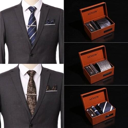 Wedding Men Neckties Gift Box Packing Luxury Men Pocket Square Jacquard Tie Tie Clip Cufflinks Handkerchief 6Pcs Set Accessories