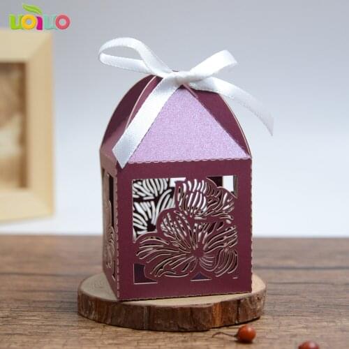 Wine red Romantic Wedding Favor Boxes and Bags Laser Cut Gift lotus flower Candy Boxes for Chirstmas Decoration Birthday Party