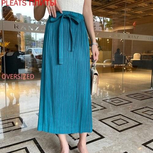 Miyake Pleated Skirt Belt Ladies Elegant Mid-length Comfortable Breathable Pleated Skirt Ladies PLEATS Upe Faldas Falda Saia