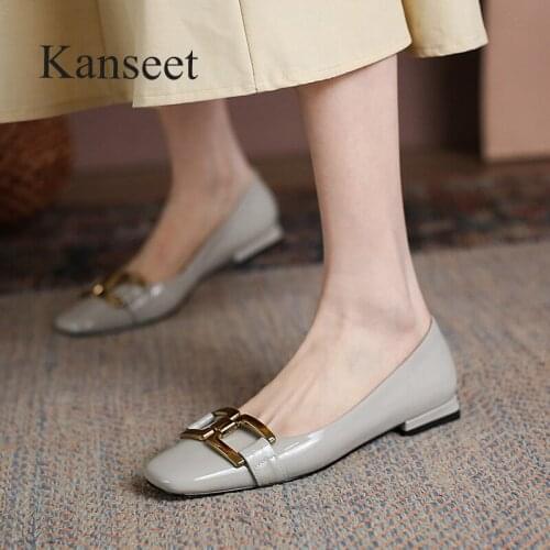 Kanseet Autumn New Womens Shoes 2021 Cow Patent Leather Metal Buckle Decoration Handmade Square Toe Low Heels Black Women Pumps