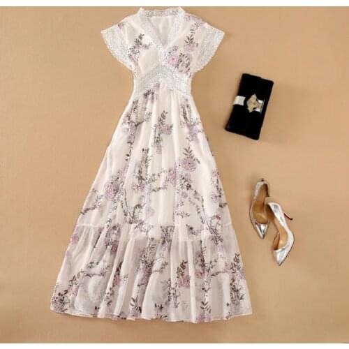 New 2021 Summer Long Dress High Quality Women V-Neck Purple Floral Print Lace Patchwork Short Sleeve Casual Long Maxi Dress