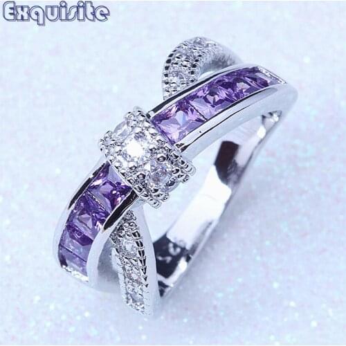 Female Purple Austrian Crystal Cross Ring 925 Fashion Jewelry Vintage Wedding Rings for Women Birthday Stone Gifts A111