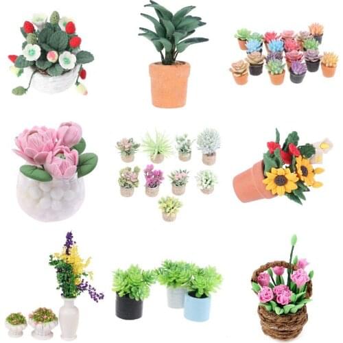 1/12 Doll House Miniature Flowers Fairy Garden Ornament Mini Potted Plant Flowers Pot DollHouse Decor Bonsai Model House Decor