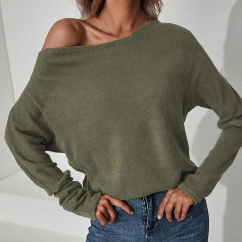 Slash Collar Basic Blouse Long Sleeve Tee Shirt Solid Color Knitted Autumn Blouse Streetwear