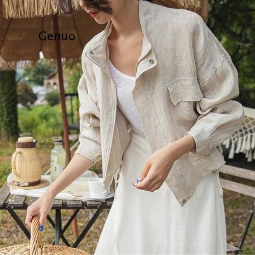 Cotton Blouse Coat Jacket Women Elegant Korean Loose Female Casual Outwear Top Casual Vintage Pockets Streetwear