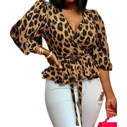 Women Blouses Elegant Office Tunic Shirt Sexy Deep V-Neck Leopard Print Belted Fashion Tops Ruffles Blusas Femininas