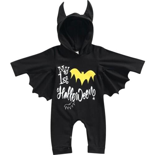 Baby My First Letter Print Jumpsuit 2021 Halloween Costume, Long Sleeve Bat Hooded Jumpsuit Toddler 3-18 Monthes Rompers Black