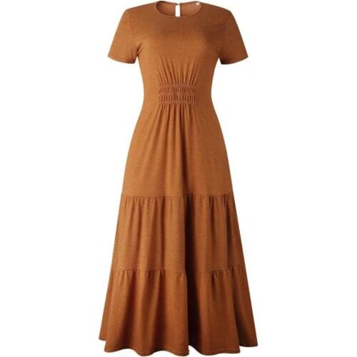 Long Summer Party Dress Women Dress Ruffle Tight Waist Lady Short Sleeve Solid Color Casual Vestidos Elegant Maxi Dress Sundress
