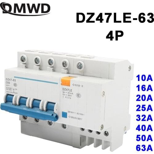 DZ47LE-63 4P 10A 16A 20A 400V~ 25A 32A 40A 50A 63A 50/60HZ Residual Current Circuit Breaker Over Current Leakage Protection RCBO