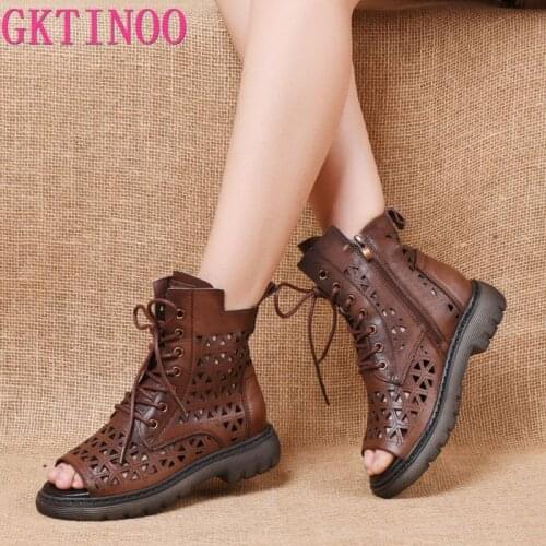 GKTINOO 2021 Fashion Ladies Sandals Hollow-Out Gladiator Sandals Women Flat Shoes Open Toe Genuine Leather Summer Cool Boots