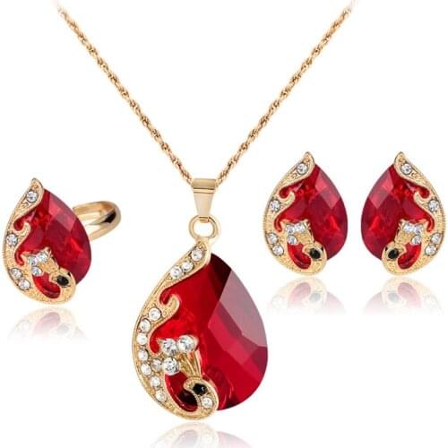 Royal Vivid Red Bule Peacock Rhinestone Gold-color Ring Pendant Necklace Drop Earring Ring Set for Women Wedding Jewelry