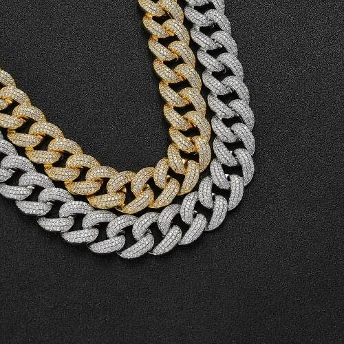 Cuban Chain 19mm 18" 20" brass setting CZ Chain Necklace Gold/Silver Color Iced Out Cubic Zircon Bling Bling BC014