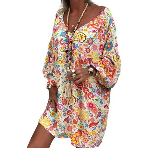 Summer Dress Women Casual Multicolor Paisley Print Long Sleeve Ladies Sexy V Neck Loose Mini Dress robe femme платья для женщин