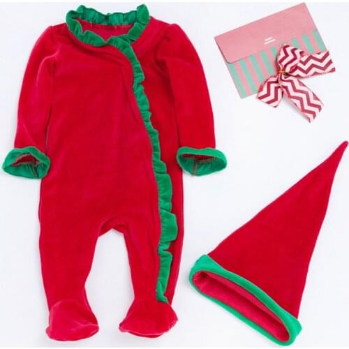 Fashion Newborn Infant Baby Boys Girls Cotton Long Sleeve Christmas O-Neck Ruffles One Piece Romper Jumpsuit Hat Outfits Set#g4