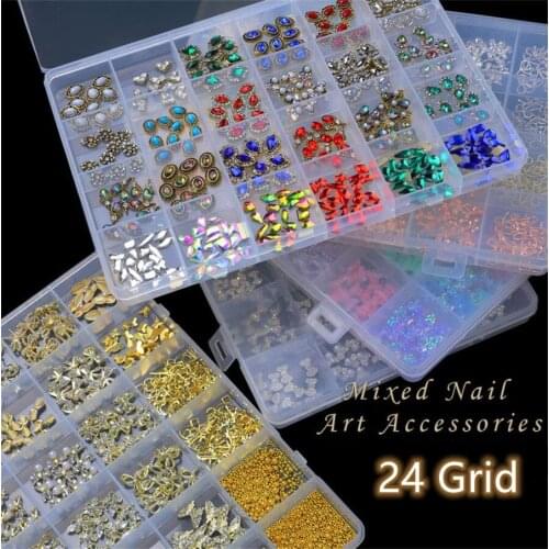 24 Grid Mixed Flat Glass Shaped Diamond Set Nail Rhinestone Bowknot Metal Irregular Beads 3D Nail Art Decoration Accessories