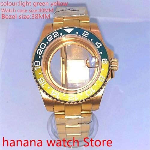 Suitable for pearl automatic winding 40mm sapphire glass transparent back gold box series, with rotating light yellow green