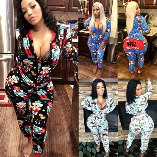 Christmas Women Jumpsuit Pajamas Sleepwear Sexy Long Sleeve Printed Romper Jumpsuit Female Xmas Party Nightwear Pyjamas Oversize