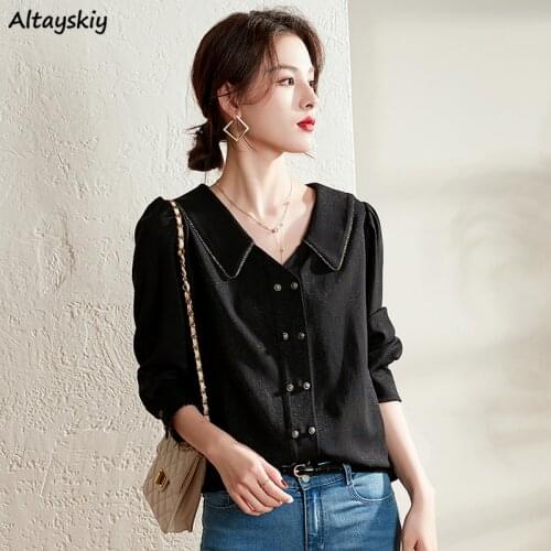 Shirts Women French Style Elegant Lazy Turn-down Collar Bright Silk Maiden Sweet Double Breasted Office Ladies All-match Vintage