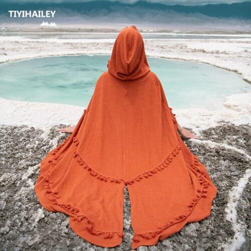 TIYIHAILEY Free Shipping 2020 Vintage Chiffon Cloak Spring Summer Outerwear Hooded Loose Long Maxi Brown Witch Cardigan Tassels