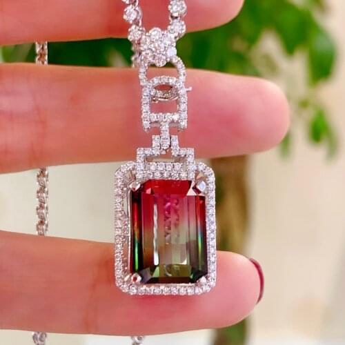 Y322 Fine Jewelry Solid 18K Gold 100% Natural 23.8ct Watermelon Tourmaline Diamonds Gemstone Diamond Womens Pendants Necklaces