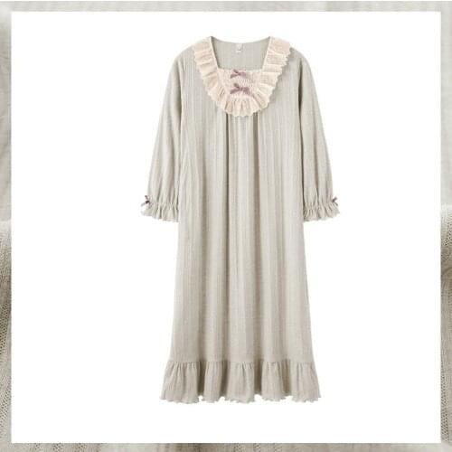 Ladies Square Collar Nightdress Spring Autumn Cotton Long Nightgown Lace Bow Sweet Home Dress Casual Pajamas Loose Sleepwear