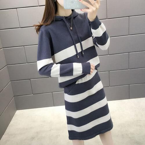 Autumn Winter Loose Striped Knitted Sweater Dress Two-piece Suit Elegant Blouse + Skirt Female Stitching Self-cultivation Suit