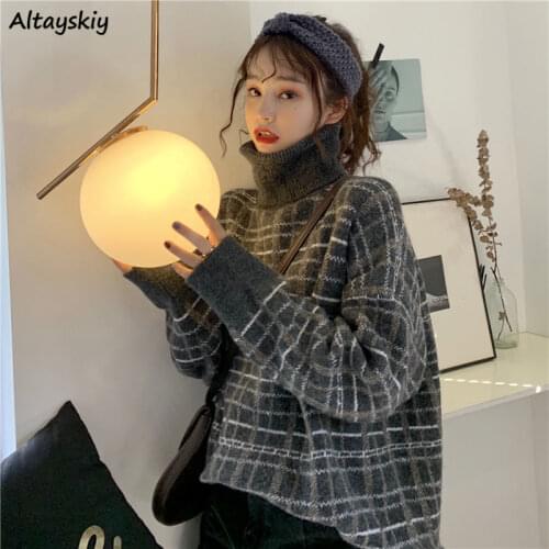 Plaid Sweaters Women College Loose Turtleneck Leisure Knitting Chic Warm Retro Elegant Korean Style Female Pullovers Popular Ins