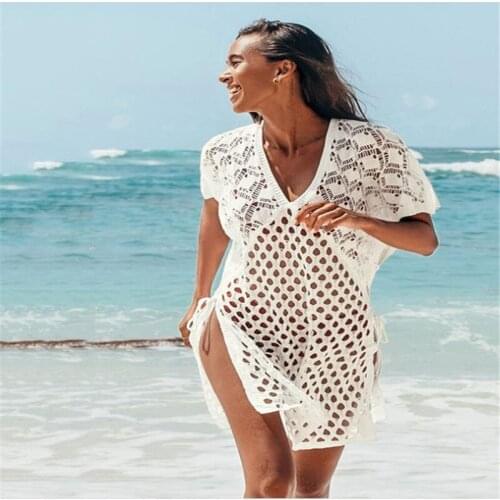 Women Summer Solid Color Hollow Sun-proof Dress V-neck Short Sleeves Crochet Swimsuit Cover Up Bikini Smock Sunscreen Shirt