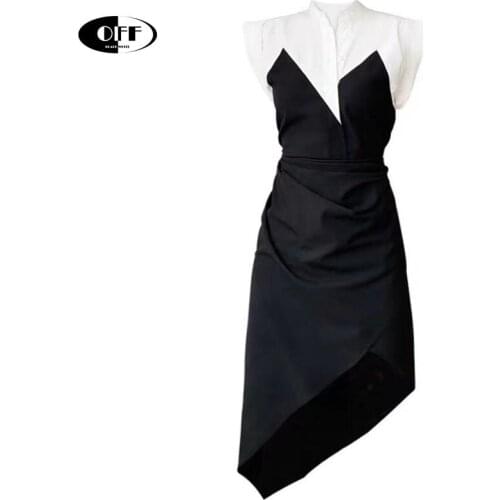 Women black white Irregular Split Joint Temparment Dress New Short Sleeve Fit Fashion Tide Summer 2021 lady midi dresses vestido