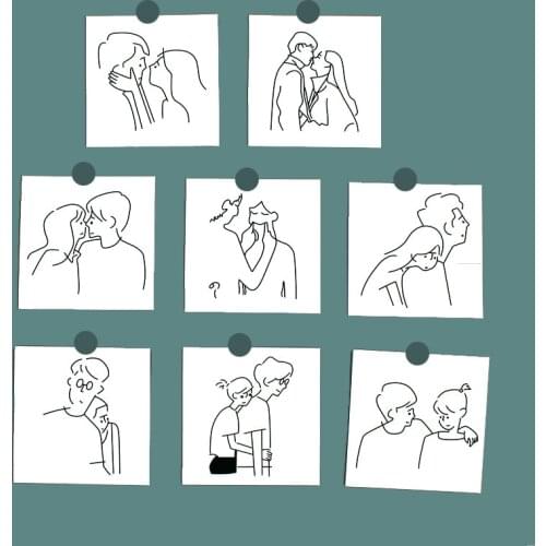 8pcs Sweet Couple Wall Decoration Card Simple Line Art White Background Small Poster DIY Hand Account Book Creative Stationery