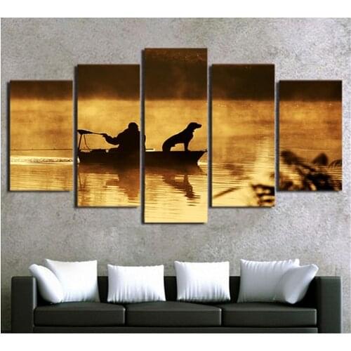 Home Wall Art Frame Room Decor Pictures HD Printed Canvas 5 Pieces Sunset Boat Fisherman And Dog Paintings Modular Poster