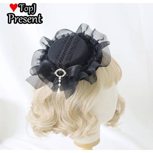 Lolita Japanese elegant formal hat Lolita lace Butterfly Hair Band white flowers and black Lolita cosplay accessory