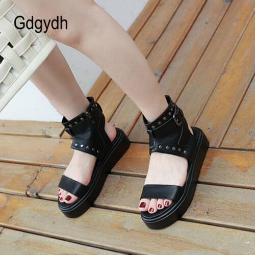 Gdgydh 2021 Thick Platfom Women Sandals Open Toe Flat Heels Female Shoes In Summer Simple Style Rivets Buckle Sandals Size 35-40