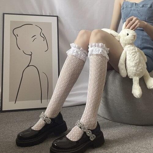 Lolita Lace Women Stockings Transparent Hollow High Knee Socks Female Summer Thin JK Long Sock Calcetines Mujer