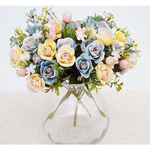 Artificial Flowers 13 Heads/Bouquet Small Bud Silk Roses Fake Plants Green Leaves Home Vases Autumn Decoration for Wedding