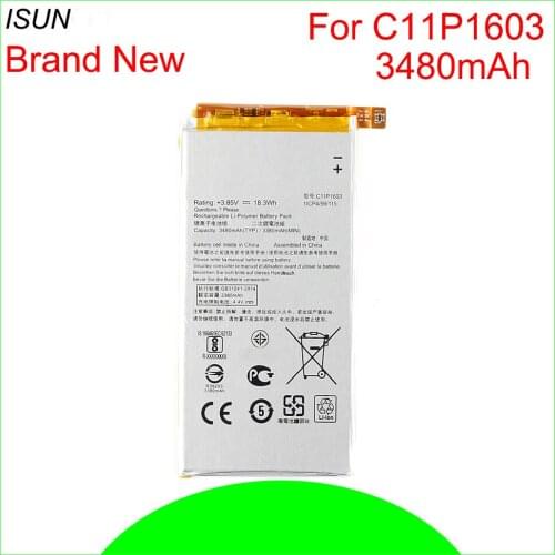 ISUNOO 5pcs/lot 3480mAh C11P1603 Replacement Batteries For ASUS ZenFone 3 Deluxe ZS570KL ZenFone3 Mobile Phone Battery