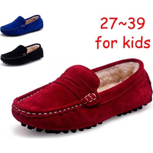 Autumn Winter Quality Kids Loafers For Boys Girls Children Shoes Fur Moccasins Suede Children Flats Casual Boat Wedding Shoes