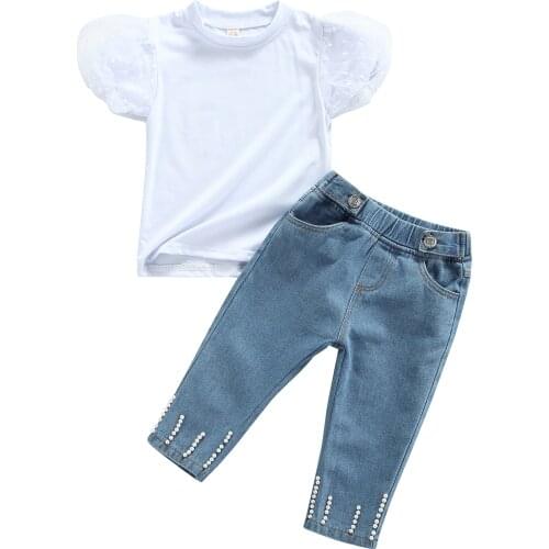 2 Pcs Kids Summer Outfits Baby Girl Clothes Polka Dot Mesh Puff Sleeve Round Neck T-shirt + Beaded Jeans with Pockets 1-6Years