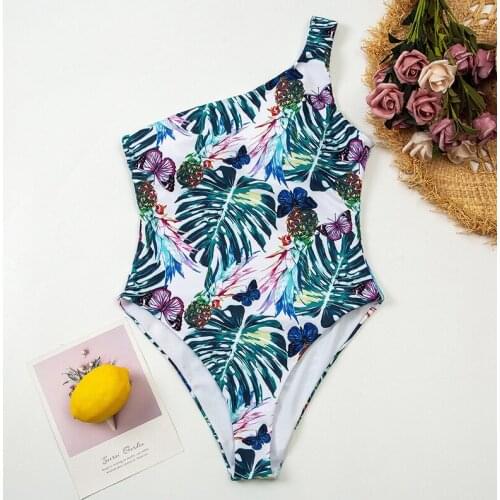 Sexy One Shoulder Swimsuits For Women Leaf Print Swimwear Cut Out Monokini Padded Swimming Bathing Suit Beach Wear Bodysuit