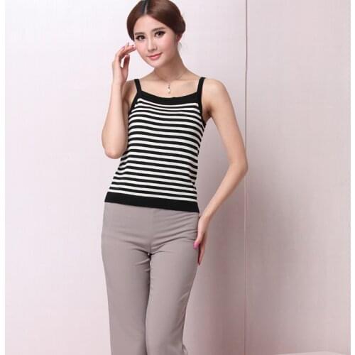 Big Size Tank Camis Knitted High Elastic Summer New Silk Sweater Womens Sling Wild Black And White Striped Silk Short Shirt