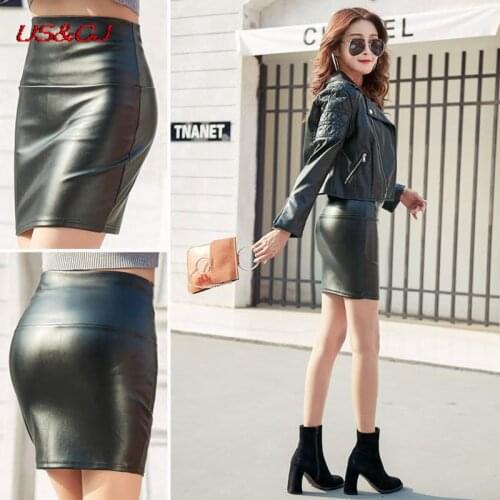 Korean Style 2021 New Fashion Street Slim PU Leather Black Miniskirt Womens Skirt High Waist Slim Red Female Skirt Pure Color