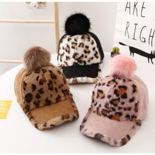 Fashion Leopard Pompom Kids Baseball Cap Warm Plush Infant Toddler Kids Caps Boys Girls Sun Hat