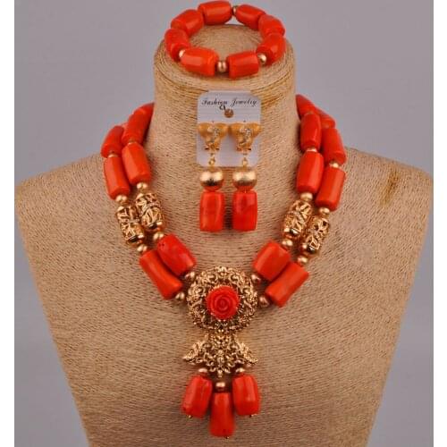 Nigeria Wedding Jewelry African Ladies Bride Wedding Dress Accessories Orange Natural Coral Bead Wedding Jewelry Set AU-225