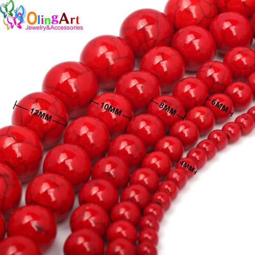 OlingArt 4 6 8 10 12mm Synthetic Stone beads Round Red Turquoises Light Color Howlite Fashion beads for jewelry making NEW